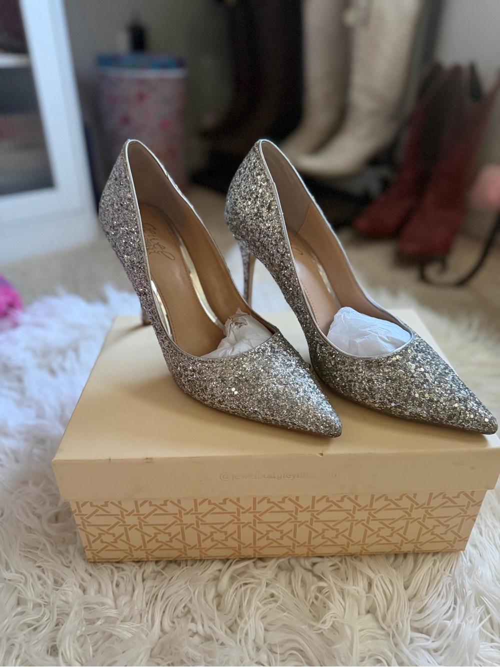 Badgley Mischka Silver Glitter Pointed-Toe Stiletto Pumps